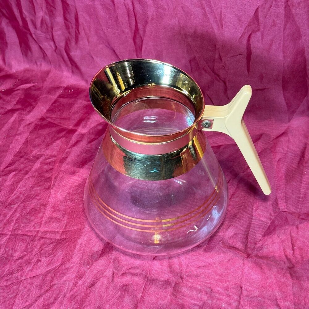 1970s Inland Glass MCM Coffee Carafe Warmer Pitcher Gold Rim & Detail